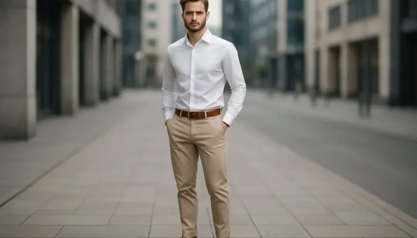 Elegancki mężczyzna w białej koszuli i beżowych spodniach, idealny przykład, jaka koszula do beżowych spodni.