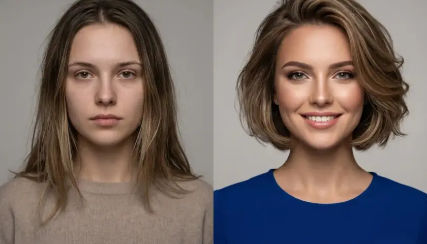 Przed i po: naturalna dziewczyna z rozpuszczonymi włosami i uśmiechnięta kobieta z krótkimi, **włosy zaczesane do tyłu damskie**, w eleganckiej sukience.