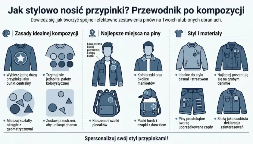 Ilustracja pokazuje, jak stylowo nosić przypinki, tworząc kompozycje na ubraniach. Porady dotyczące kompozycji, miejsc na przypinki, stylu i materiałów. Monogram jako element stylizacji.
