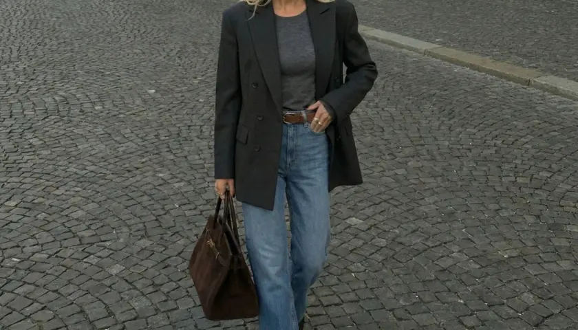 Elegancka stylizacja: szary longsleeve, jeansy, marynarka i brązowa torebka. Idealny zestaw na co dzień.