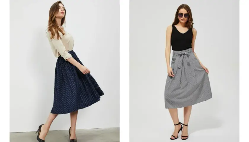 Dwie kobiety prezentują eleganckie spódnice midi. Odpowiedź na pytanie: dress code co to?