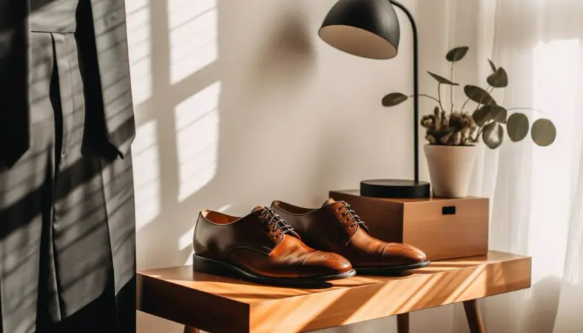Eleganckie brązowe buty do czarnych spodni, gotowe na ważną okazję.