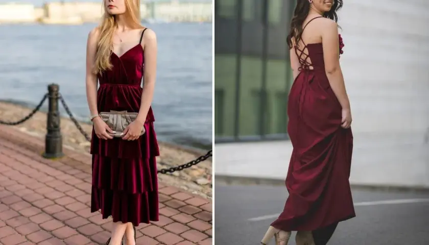 Dwie kobiety w bordowych sukienkach. Jedna w welurowej midi z czarnymi szpilkami, druga w długiej z gorsetowym tyłem i beżowymi sandałkami. Jakie buty do bordowej sukienki? Oto inspiracje.