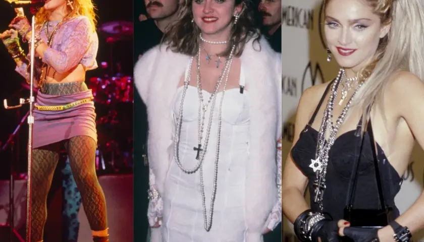 Madonna w stylizacjach z lat 80.: fioletowa spódniczka, koronkowy top, białe futro i czarna sukienka z mnóstwem biżuterii.