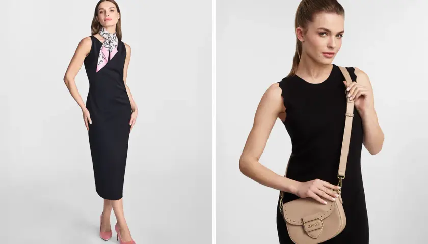 Elegancka czarna sukienka zestawiona z beżowymi butami i torebką. Idealna stylizacja na wieczór.