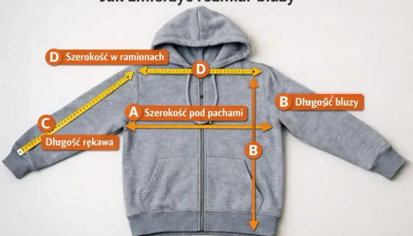Szara bluza z kapturem. Miarka pokazuje, jak zmierzyć szerokość pod pachami (A), długość bluzy (B), długość rękawa (C) i szerokość w ramionach (D).