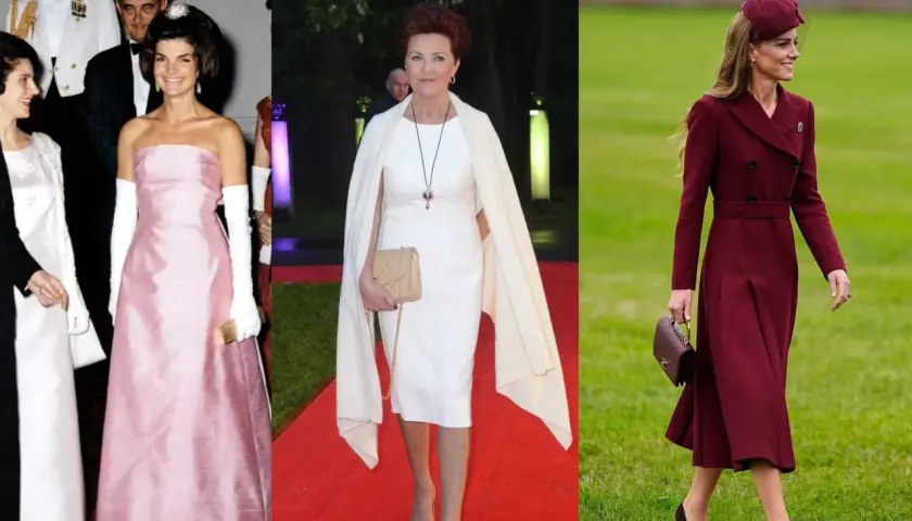 Jackie Kennedy, Jolanta Kwaśniewska i Kate Middleton – ikony mody w eleganckich kreacjach.