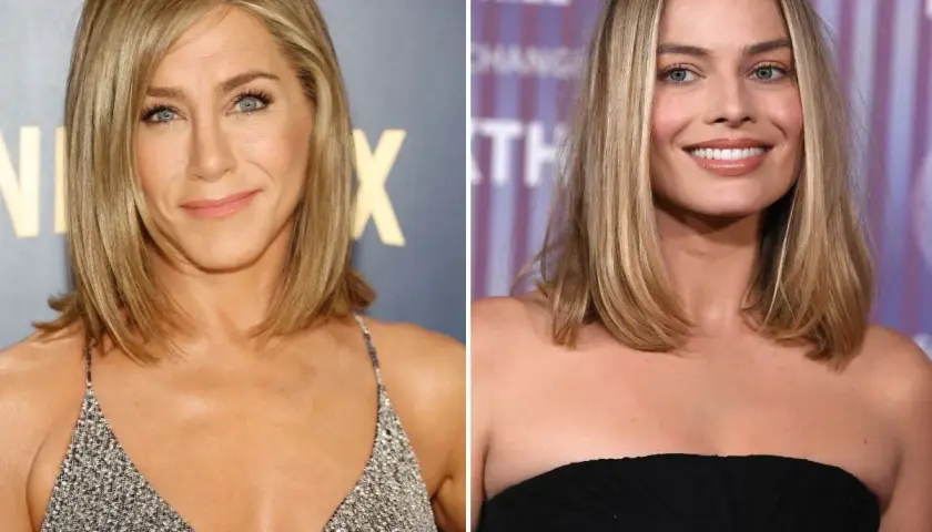 Jennifer Aniston i Margot Robbie z włosami do ramion, proste cięcie. Obie aktorki prezentują elegancki styl.