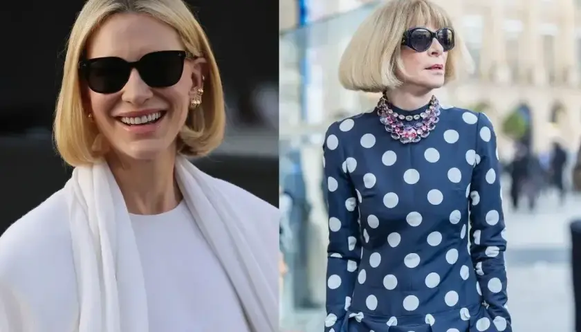 Dwie kobiety w eleganckich stylizacjach. Jedna w białej kreacji, druga w granatowej sukience w grochy. Obie mają modną francuski bob fryzurę.