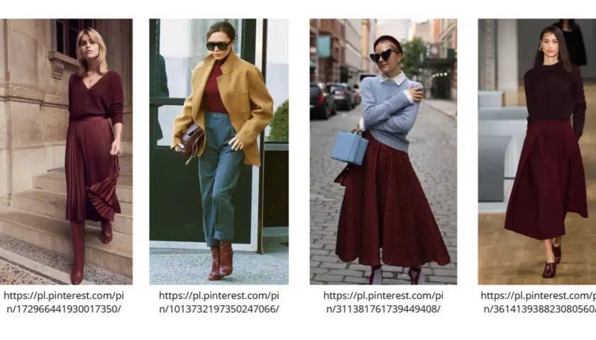 Eleganckie stylizacje w odcieniach bordo: plisowana spódnica, sweter i płaszcz.