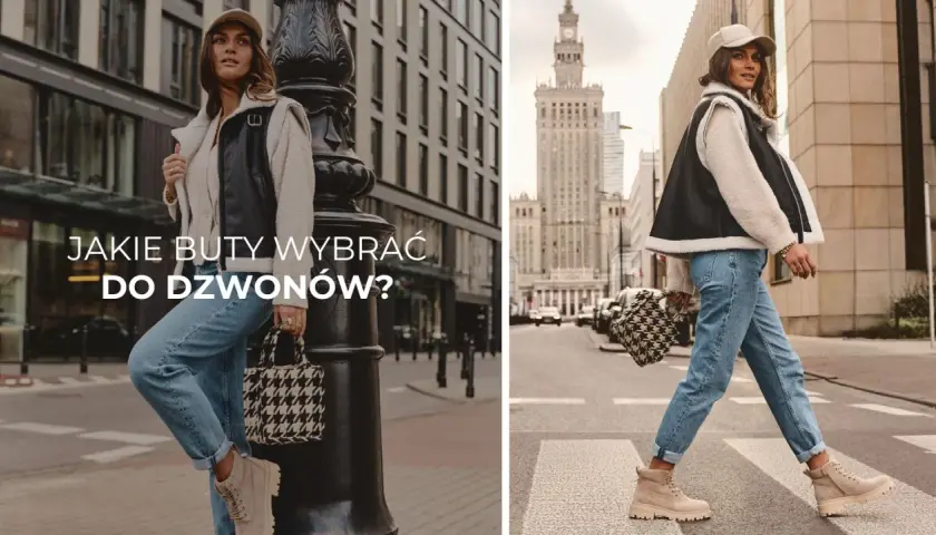 Kobieta w dzwonach i beżowych traperach, z torbą w pepitkę. Jakie buty do dzwonów? Stylizacja miejska.