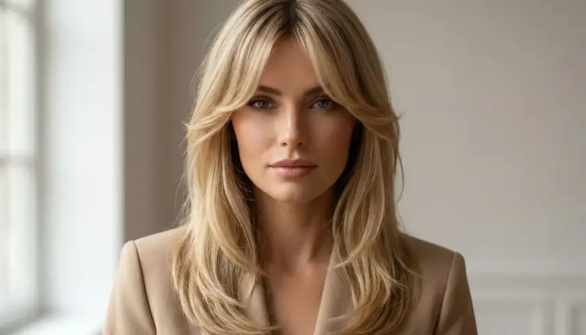 Blondynka w beżowej marynarce z idealnie ułożoną grzywką, która nadaje jej twarzy subtelności. Dowiedz się, jak obciąć grzywkę żeby się dobrze układała.