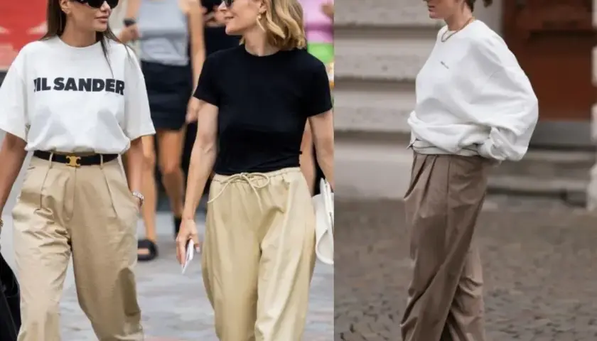 Kobieca inspiracja: jakie buty do beżowych spodni? Sneakersy i eleganckie sandały świetnie komponują się z luźnymi, beżowymi spodniami.