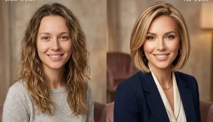 Przed i po: metamorfoza z kręconych włosów w elegancką fryzurę long bob.