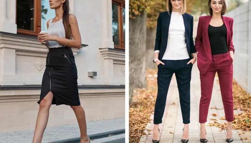 Eleganckie stylizacje dla kobiet: jak się ubrać na imprezę firmową. Spódnica ołówkowa i garnitury w ciemnych kolorach.
