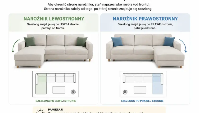 Narożnik lewostronny z szezlongiem po lewej stronie, patrząc od frontu.