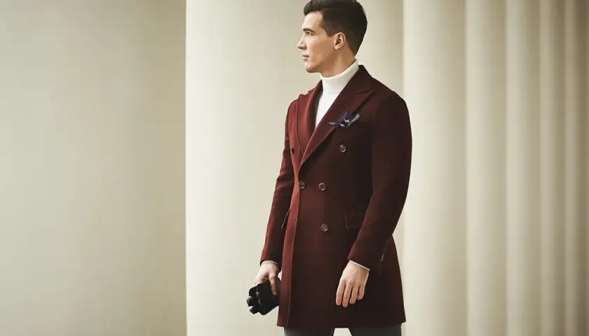 Elegancki mężczyzna w bordowej budrysówce, białym golfie i z granatową poszetką, trzymający czarne rękawiczki.