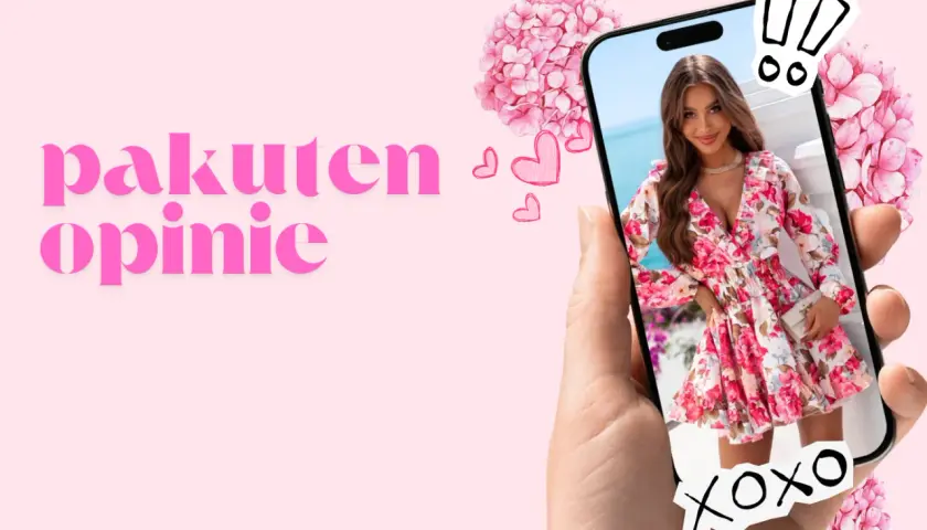 Różowa sukienka w kwiaty na ekranie telefonu, obok napis "pakuten opinie".