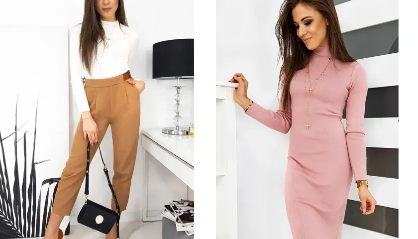 Kobieta o figurze klepsydry w eleganckich stylizacjach: biały golf i brązowe spodnie lub różowa sukienka.