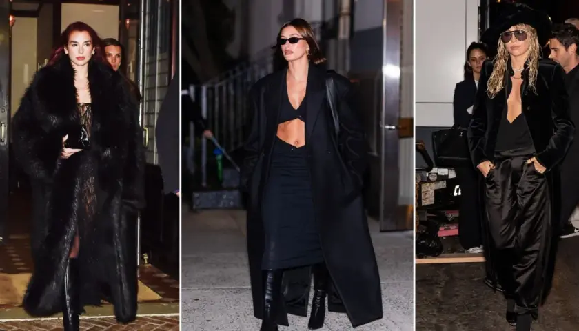 Trzy kobiety w czarnych, eleganckich stylizacjach, każda z nich to uosobienie stylu mob wife.