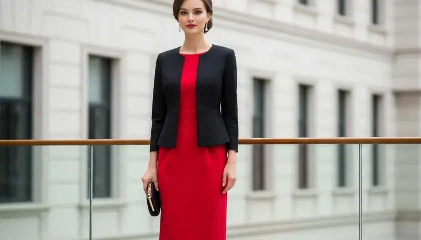Elegancka kobieta w czerwonej sukience i czarnym żakiecie, idealny zestaw jaki żakiet do czerwonej sukienki na wesele.