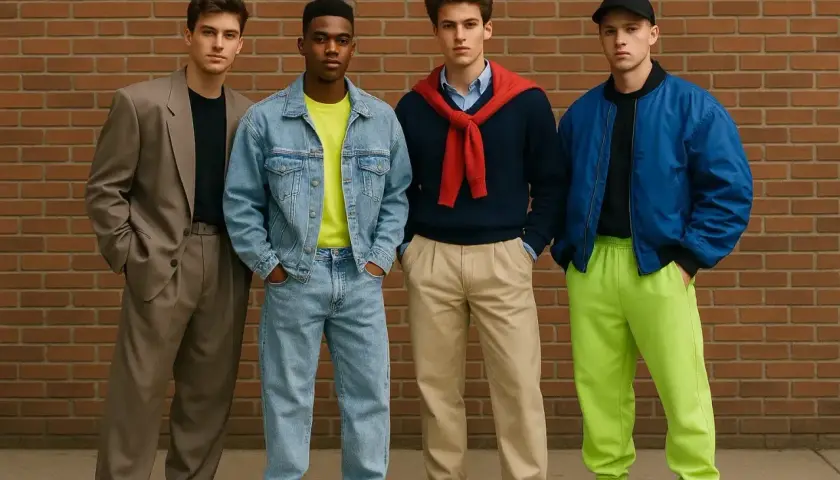 Czterech młodych mężczyzn prezentuje stylizacje w klimacie moda męska lata 80.: garnitur, jeans, sweter z krawatem i bomberka z neonowymi spodniami.