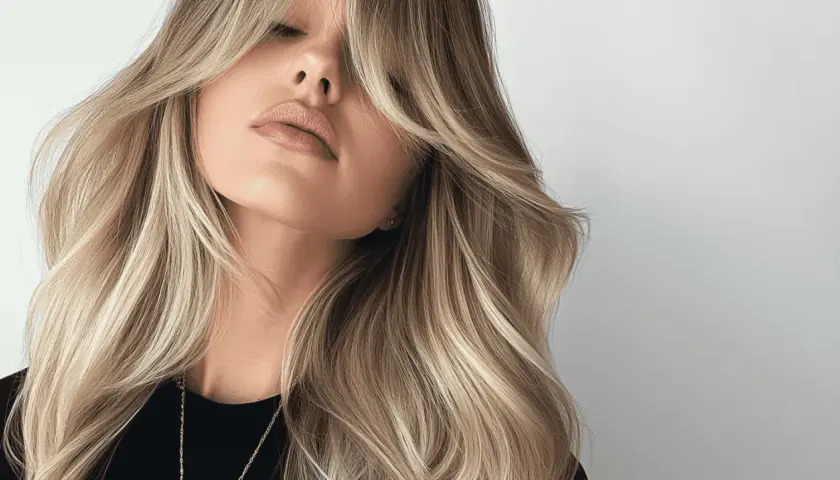 Kobieta z falowanymi blond włosami i stylową, cieniowaną grzywką. Delikatne światło podkreśla jej urodę.