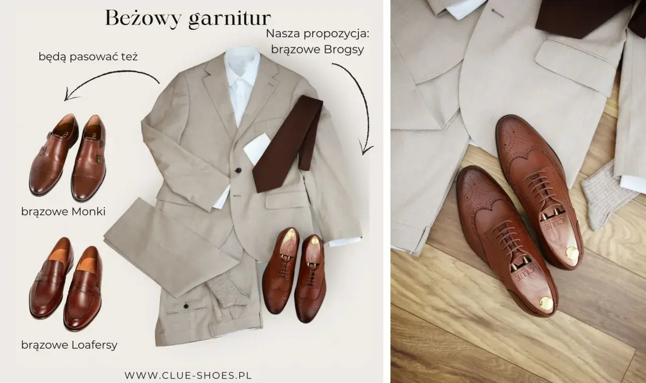 Beżowy garnitur i różne propozycje brązowych butów: Monki, Loafersy i Brogsy. Idealne buty do beżowego garnituru.