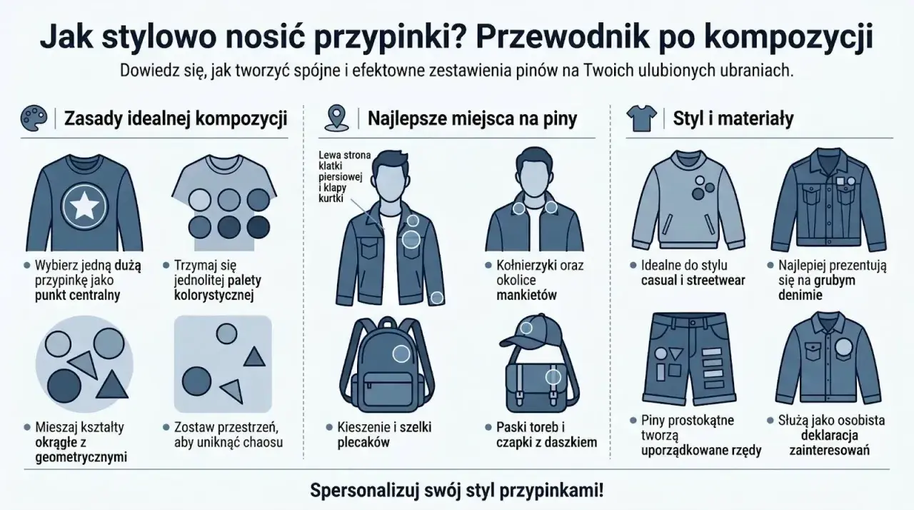 Ilustracja pokazuje, jak stylowo nosić przypinki, tworząc kompozycje na ubraniach. Porady dotyczące kompozycji, miejsc na przypinki, stylu i materiałów. Monogram jako element stylizacji.