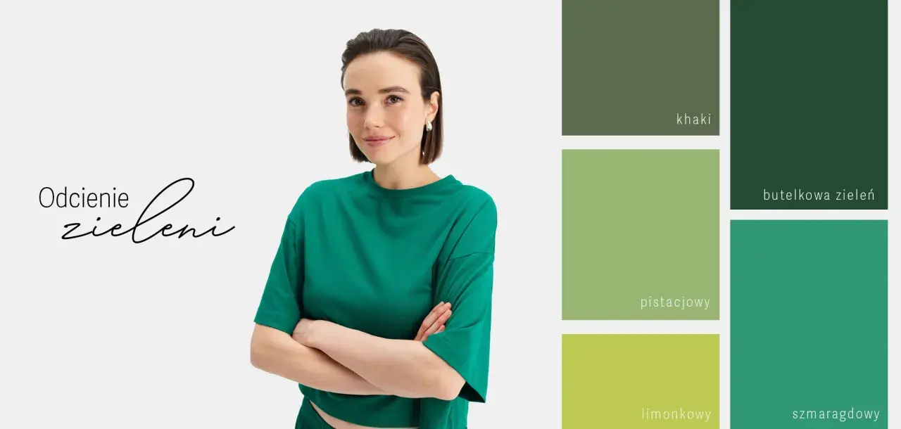 Kobieta w zielonym topie obok palety barw: khaki, pistacjowy, limonkowy, butelkowa zieleń i szmaragdowy. Jaki kolor pasuje do butelkowej zieleni?