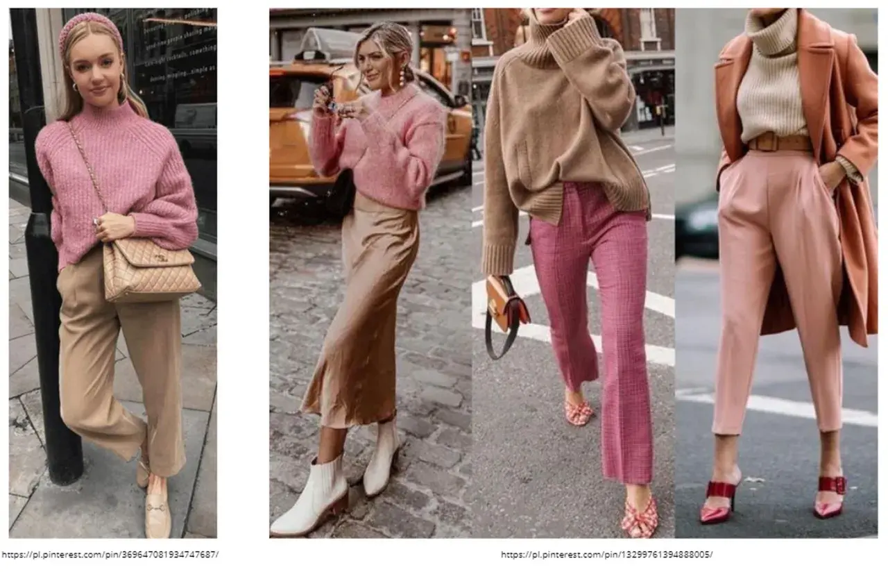 Stylizacje w odcieniach różu i beżu, inspirowane **kolorami ziemi**. Miękkie swetry, satynowe spódnice i eleganckie spodnie tworzą przytulny, jesienny look.