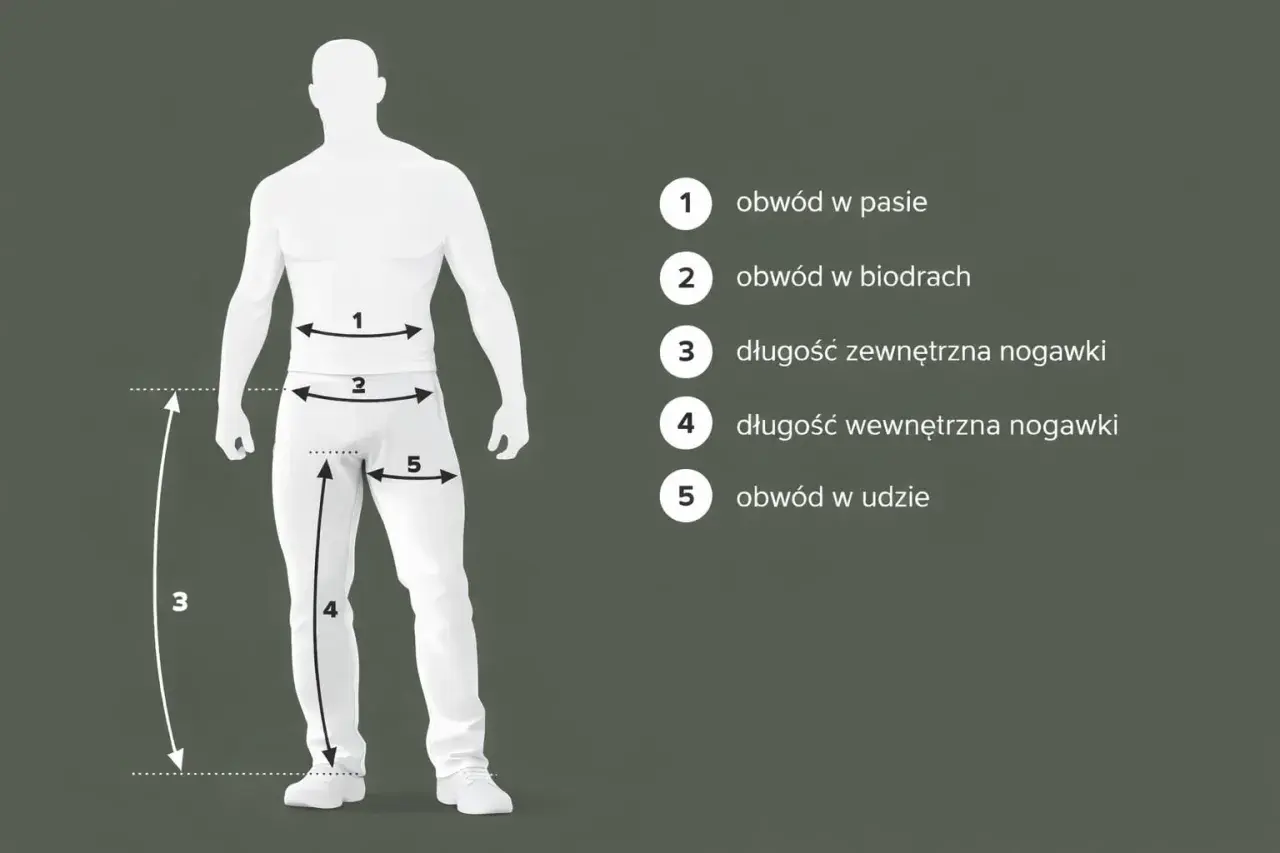 Schemat mierzenia sylwetki męskiej. Pokazuje obwód w pasie (1), biodrach (2), udzie (5) oraz długość nogawki zewnętrzną (3) i wewnętrzną (4).