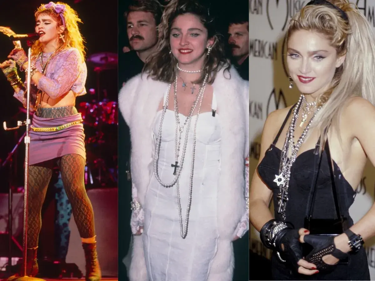 Madonna w stylizacjach z lat 80.: fioletowa spódniczka, koronkowy top, białe futro i czarna sukienka z mnóstwem biżuterii.