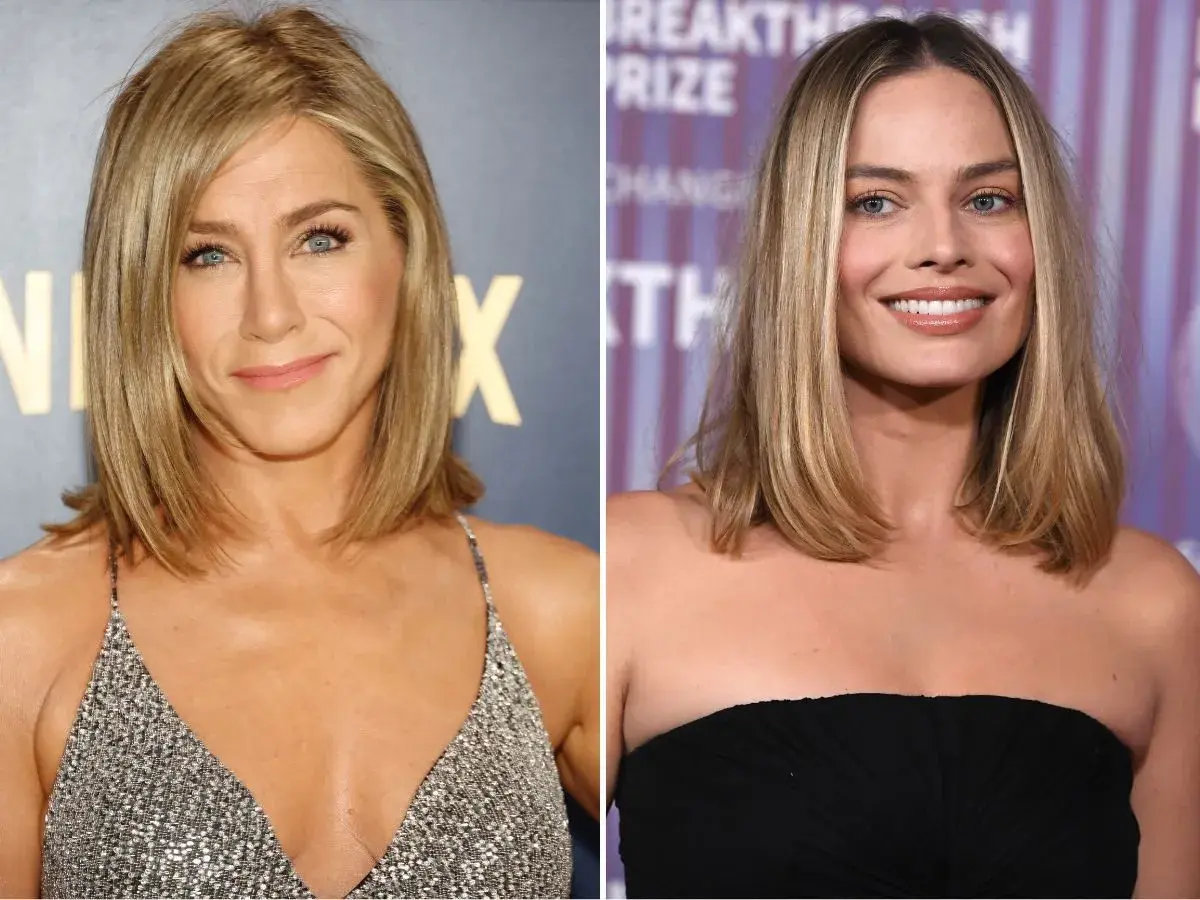 Jennifer Aniston i Margot Robbie z włosami do ramion, proste cięcie. Obie aktorki prezentują elegancki styl.