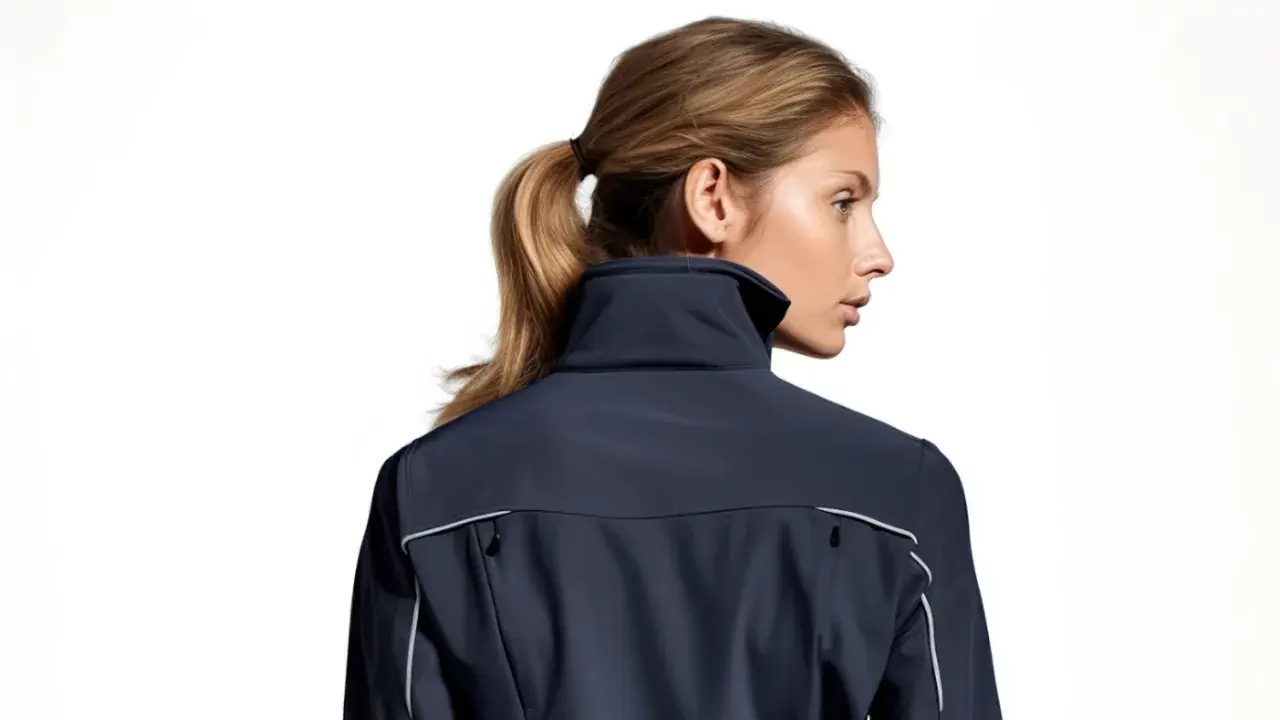 Kobieta w granatowej kurtce softshell, idealnej na zmienną pogodę. Dowiedz się, softshell co to znaczy.