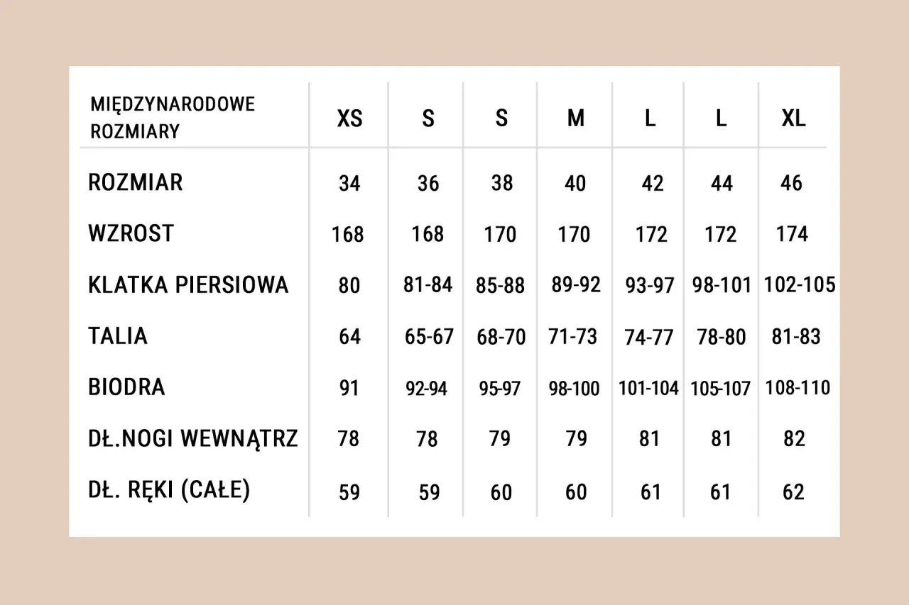 Tabela rozmiarów odzieży. Zwróć uwagę na zaniżoną rozmiarówkę, rozmiar 34 odpowiada XS, a 46 XL.