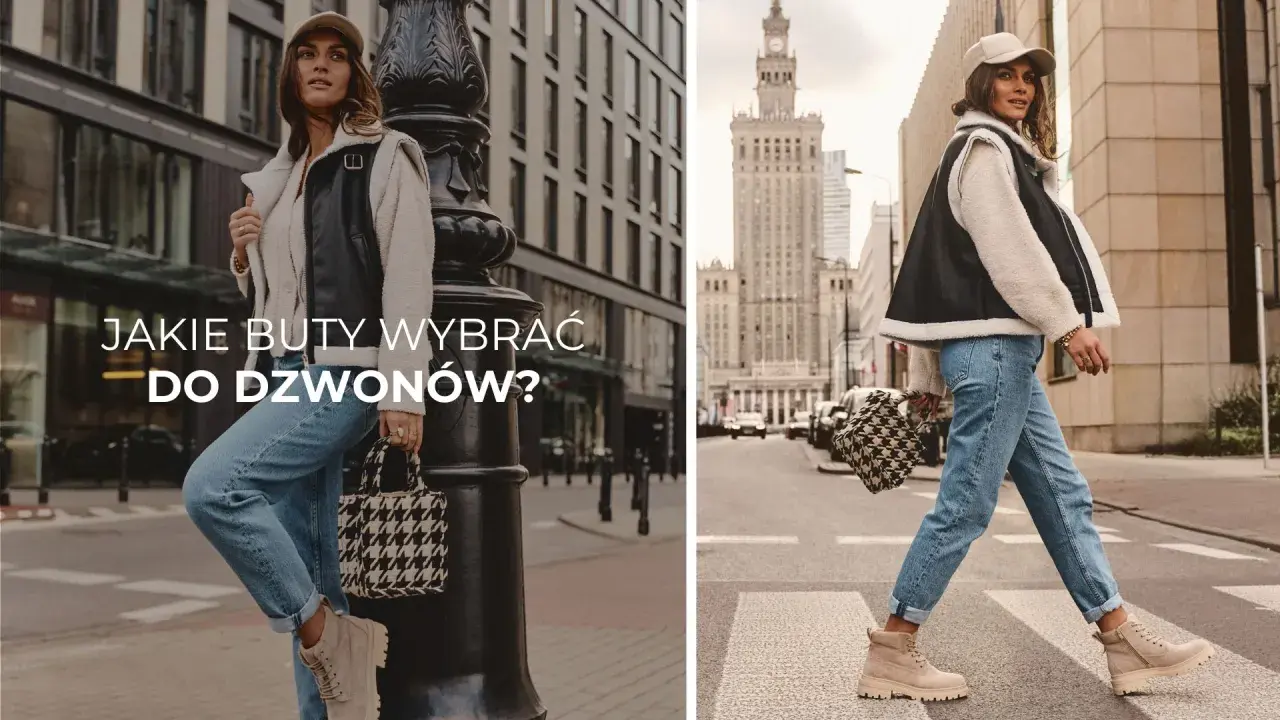 Kobieta w dzwonach i beżowych traperach, z torbą w pepitkę. Jakie buty do dzwonów? Stylizacja miejska.