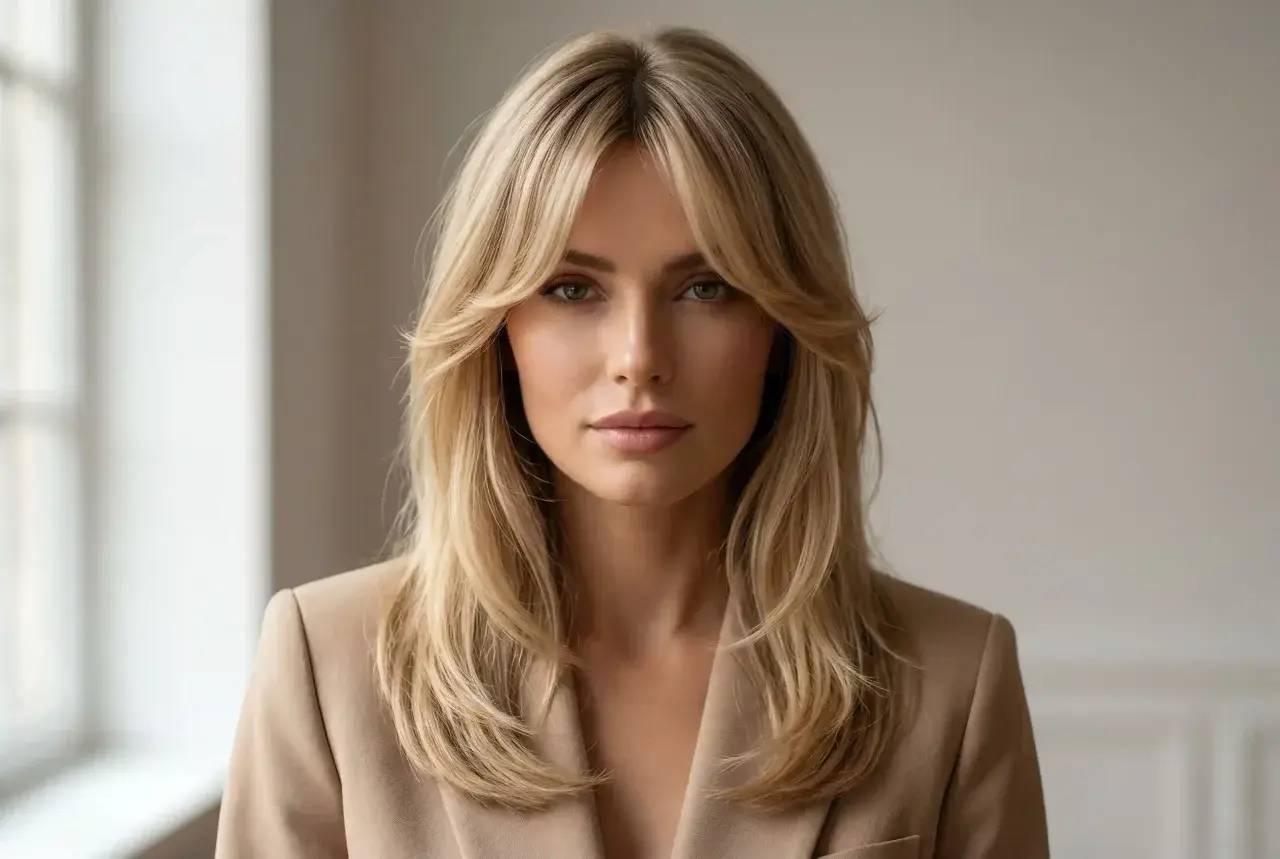 Blondynka w beżowej marynarce z idealnie ułożoną grzywką, która nadaje jej twarzy subtelności. Dowiedz się, jak obciąć grzywkę żeby się dobrze układała.