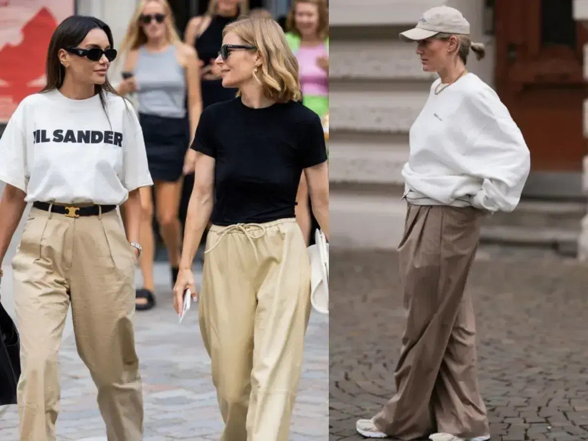 Kobieca inspiracja: jakie buty do beżowych spodni? Sneakersy i eleganckie sandały świetnie komponują się z luźnymi, beżowymi spodniami.