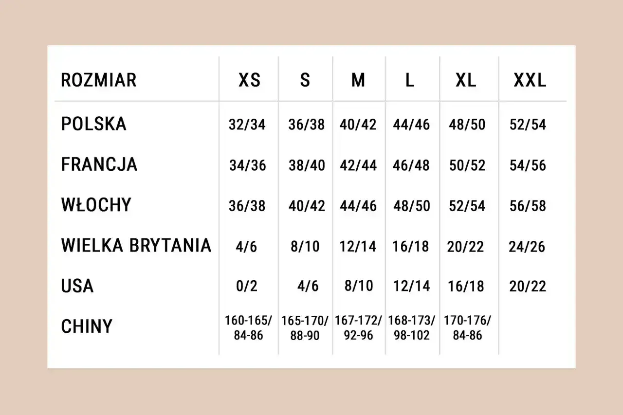 Tabela rozmiarów od XS do XXL. Rozmiar L odpowiada wymiarom 44/46 (Polska), 46/48 (Francja), 48/50 (Włochy), 16/18 (Wielka Brytania), 12/14 (USA), 168-173/98-102 (Chiny).