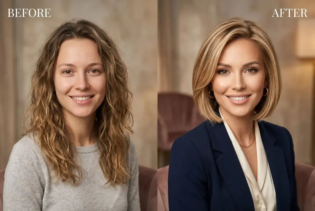 Przed i po: metamorfoza z kręconych włosów w elegancką fryzurę long bob.