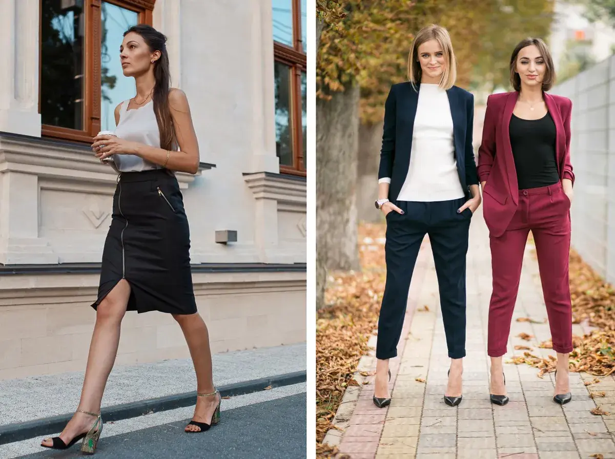 Eleganckie stylizacje dla kobiet: jak się ubrać na imprezę firmową. Spódnica ołówkowa i garnitury w ciemnych kolorach.