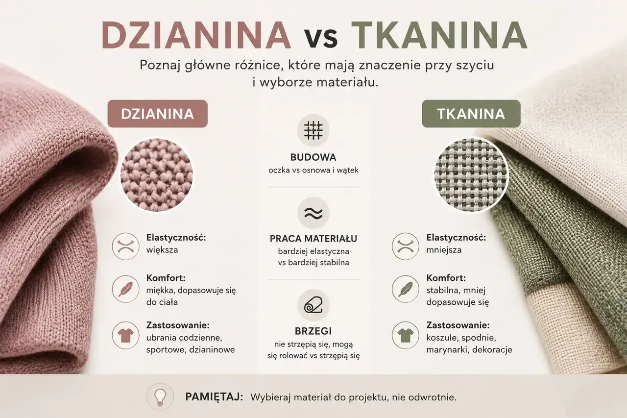 Porównanie dzianiny i tkaniny: budowa, elastyczność, komfort i zastosowanie. Dzianina jest miękka i elastyczna, tkanina stabilna.