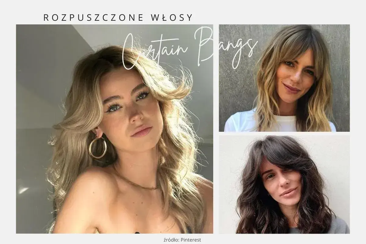 Trzy kobiety z rozpuszczonymi włosami i delikatną grzywką typu "curtain bangs".
