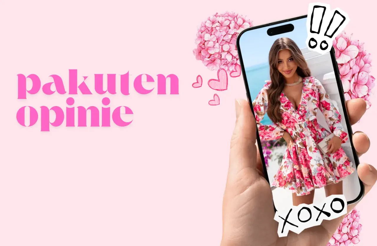 Różowa sukienka w kwiaty na ekranie telefonu, obok napis "pakuten opinie".