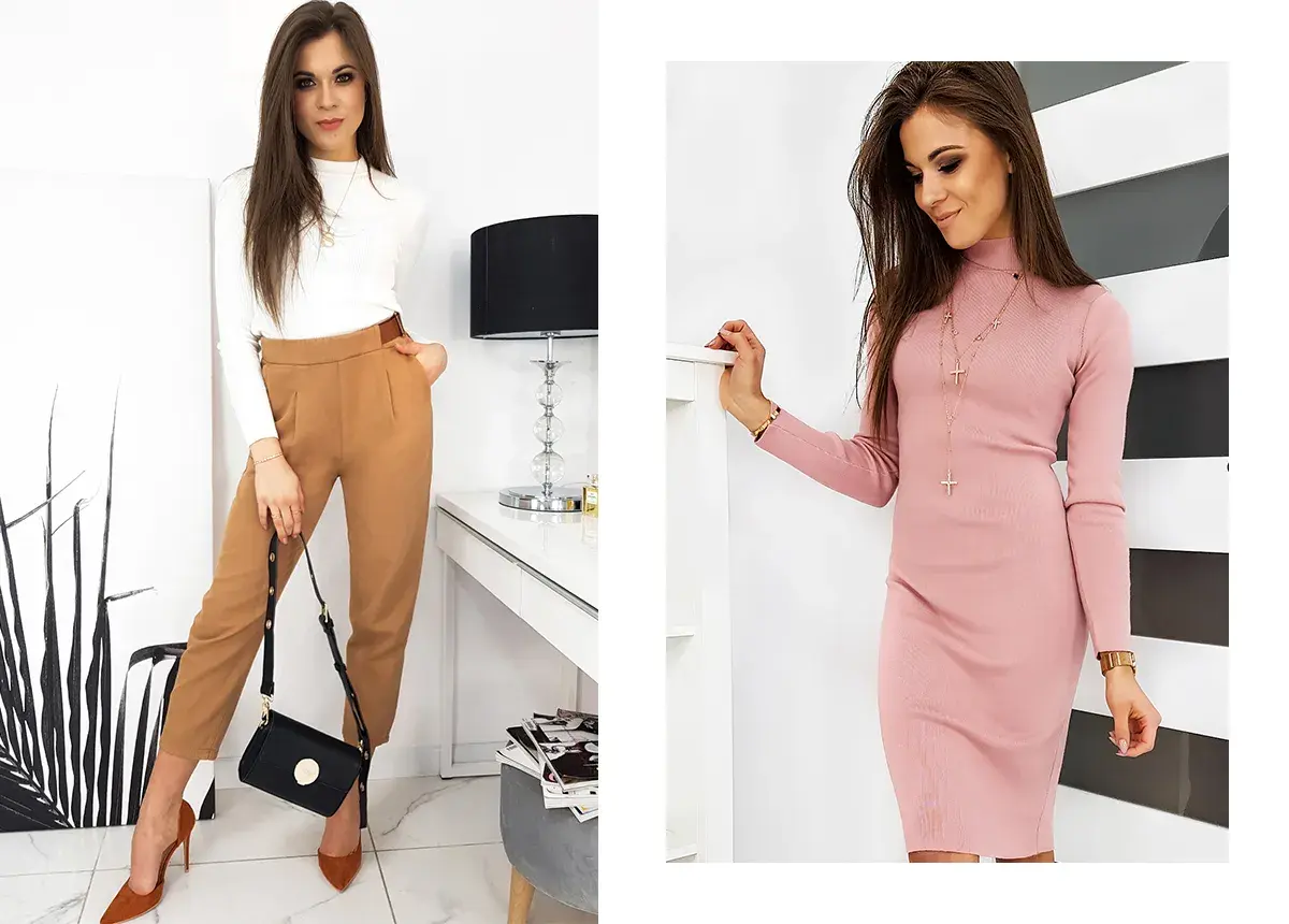 Kobieta o figurze klepsydry w eleganckich stylizacjach: biały golf i brązowe spodnie lub różowa sukienka.