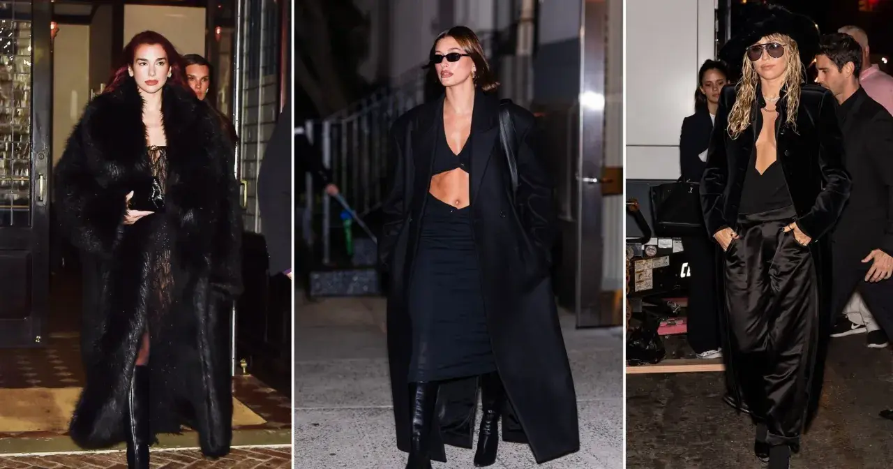 Trzy kobiety w czarnych, eleganckich stylizacjach, każda z nich to uosobienie stylu mob wife.