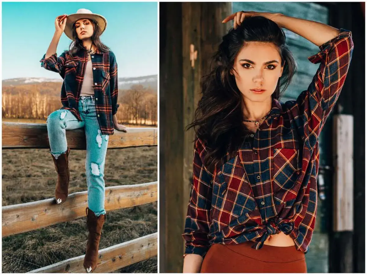 Dziewczyna w kapeluszu i kraciastej koszuli, styl country. Wygodne jeansy i kowbojki dopełniają look.
