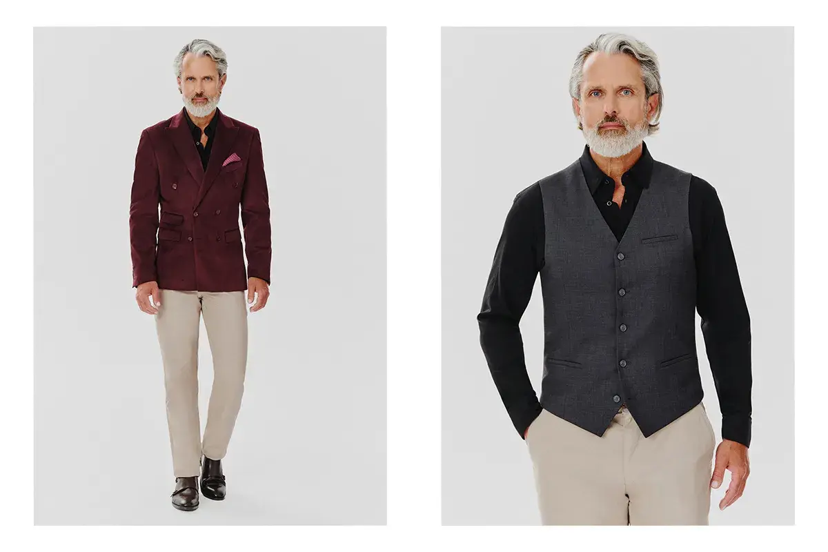 Elegancki mężczyzna w bordowym dwurzędowym garniturze i beżowych spodniach. W drugim kadrze w szarej kamizelce. To jest właśnie **slim fit co to znaczy** – dopasowany krój.