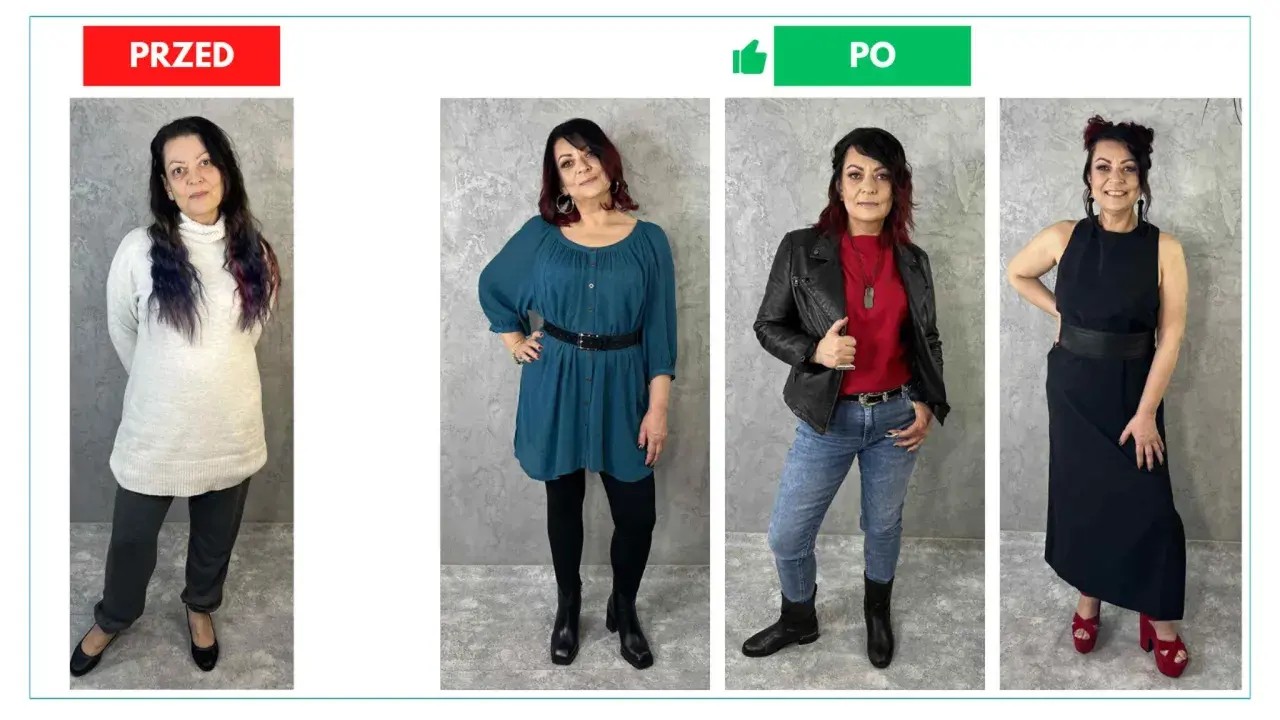 Kobieta o krępej budowie ciała prezentuje cztery stylizacje: luźny sweter i dresy, turkusową sukienkę z paskiem, ramoneskę z czerwoną bluzką i jeansy oraz czarną sukienkę maxi.